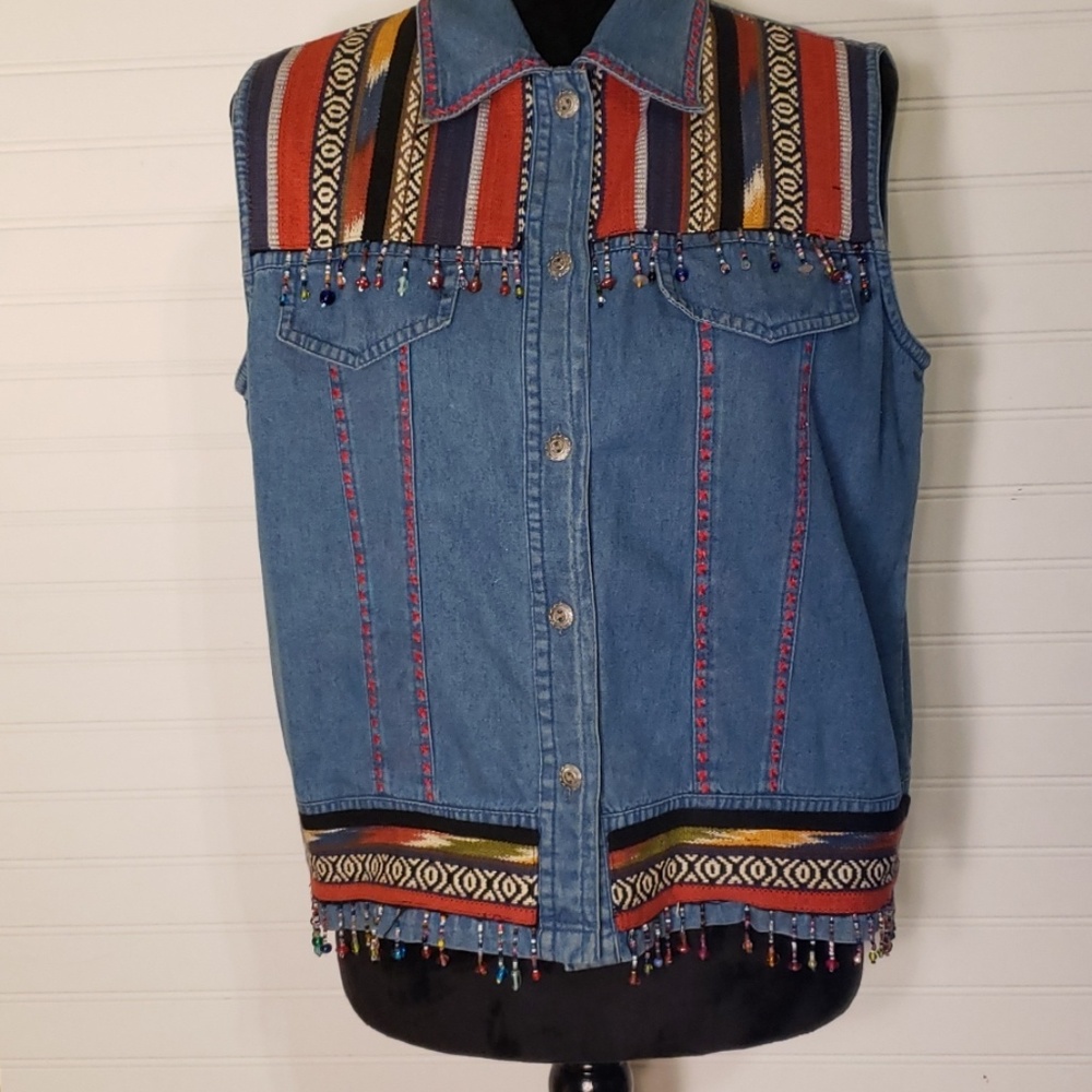 TANTRUM BLUES Boho Beaded Colorful Denim Vest